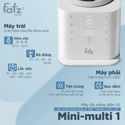 Máy Đa Năng Điện Tử Fatzbaby Mini-Multi 1 FB9272BT - Lắc Sữa, Hâm Sữa, Tiệt Trùng UVC Led - Thiết Kế Hiện Đại, Ít Ồn