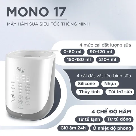 Máy Hâm Sữa Siêu Tốc Fatzbaby Mono 17 FB3007KB - Hâm Nóng Sữa Chỉ Trong 4 Phút, Chống Quá Nhiệt, Vệ Sinh Dễ Dàng