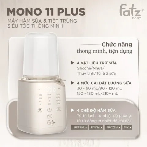 Máy Hâm Sữa & Tiệt Trùng Siêu Tốc Fatzbaby Mono 11 Plus FB3016TN - Chức Năng Nhanh Chóng, Dễ Dàng Sử Dụng, Tương Thích Mọi Loại Bình