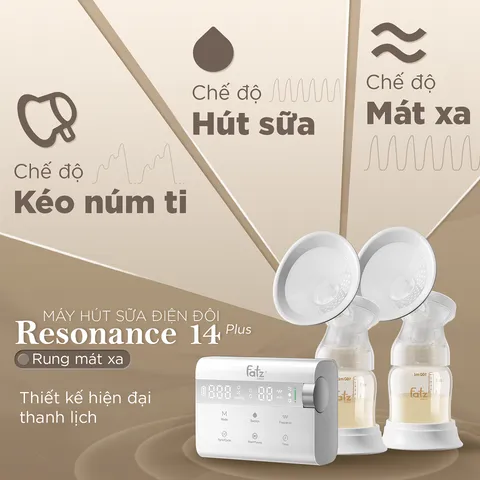 Máy Hút Sữa Điện Đôi Fatzbaby Resonance 14 Plus FB1161BT - Công Nghệ Vi Rung, Pin 3200mAh, 3 Chế Độ Massage & Hút Sữa Thông Minh