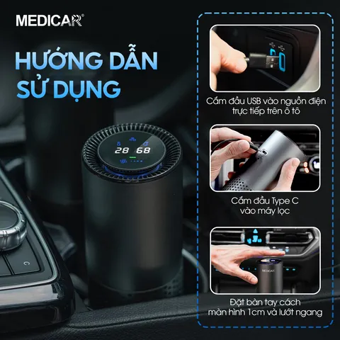 Máy lọc không khí ô tô Medicar - Khử mùi hiệu quả, công nghệ HEPA 13, cảm biến chuyển động, di động và yên tĩnh, không gian trong lành cho người lái.