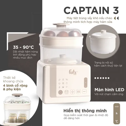 Máy Tiệt Trùng Sấy Khô Nấu Cháo và Hâm Sữa Fatzbaby Captain 3 FB4326SL - Thiết Bị Đa Năng An Toàn Cho Bé