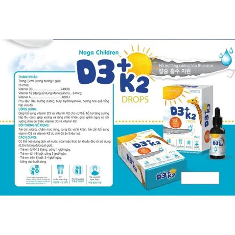 Giọt Naga Children D3 + K2 - Hỗ trợ hấp thu canxi, ngừa còi xương cho trẻ, vitamin D3 và K2 tăng cường phát triển xương và miễn dịch