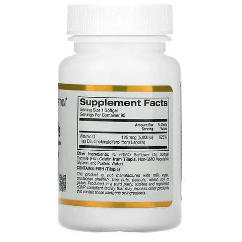 Viên bổ sung Vitamin D3 125mg (5000 IU) California Gold Nutrition - Hỗ trợ sức khỏe xương và miễn dịch, 90 viên mỗi lọ
