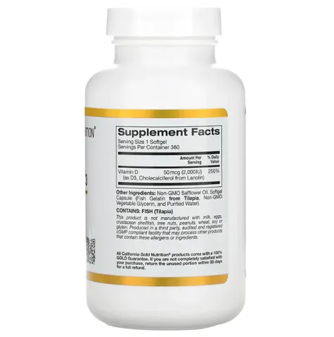 Viên Bổ Sung Vitamin D3 50mg (2000 IU) California Gold Nutrition - Hỗ Trợ Sức Khỏe Xương và Miễn Dịch, 360 Viên/hộp