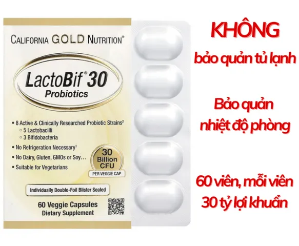 Viên men vi sinh Lactobif 30 Probiotics California Gold Nutrition - Hỗ trợ tiêu hóa & tăng cường miễn dịch, Vỉ 60 viên Mỹ