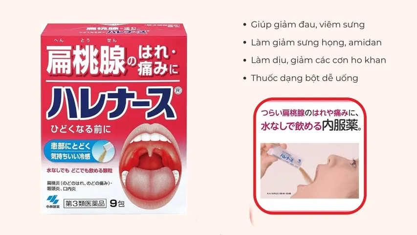 Bột Uống Kobayashi Amidan Harenasu Nhật Bản - Giúp Giảm Viêm Họng, Amidan, Giảm Sưng Đỏ, Hỗ Trợ Cảm Giác Dễ Chịu - Hộp 9 Gói