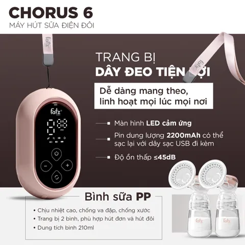 Máy Hút Sữa Điện Đôi Fatzbaby Chorus 6 FB1387VN - Tiện Lợi, Siêu Thoải Mái, 4 Chế Độ Hút, Dây Đeo Thoải Mái, Giảm Ồn Thấp
