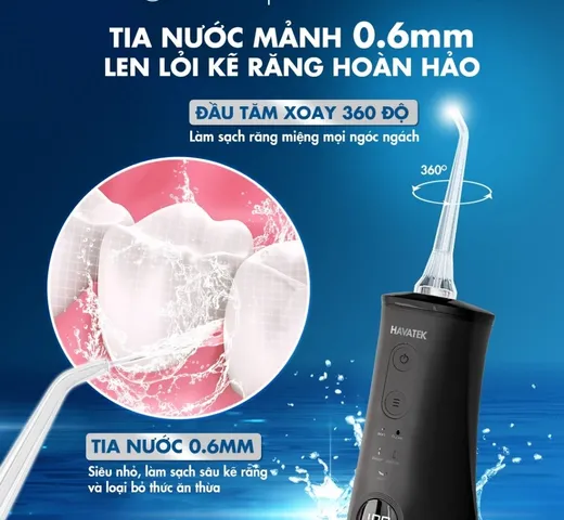 Máy Tăm Nước Cầm Tay Havatek - 5 Chế Độ Đầu Xoay 360, Tia Nước Siêu Mảnh 0.6mm, Vệ Sinh Răng Miệng Sâu, Dung Tích 300ml
