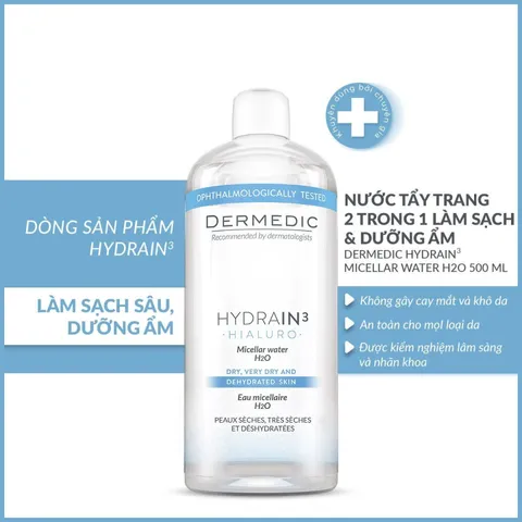 Nước Tẩy Trang Dermedic Hydrain3 H2O cho Da Khô - Làm Sạch Dịu Nhẹ và Cung Cấp Độ Ẩm, Chai 500ml