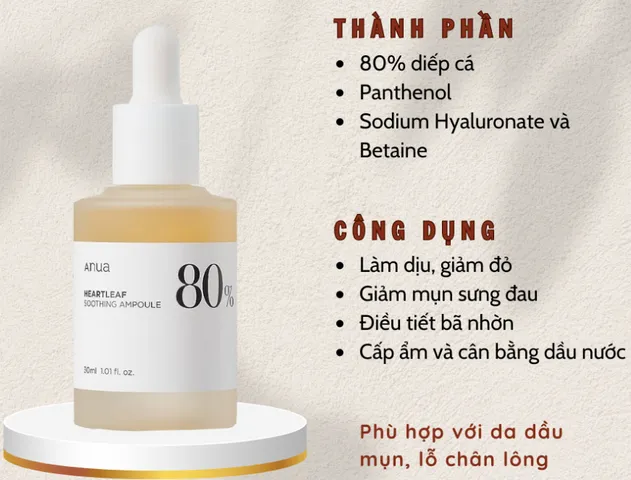 Tinh chất làm dịu da Anua Heartleaf 80% Soothing Ampoule - Serum thiên nhiên cho da nhạy cảm, cung cấp độ ẩm và giảm kích ứng 30ml