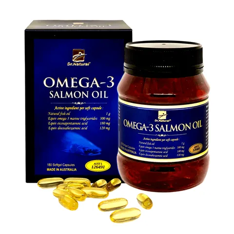Viên dầu cá hồi Omega 3 Salmon Oil Dr Natural - Hỗ trợ sức khỏe tim mạch và thị lực, 180 viên, sản phẩm từ Úc
