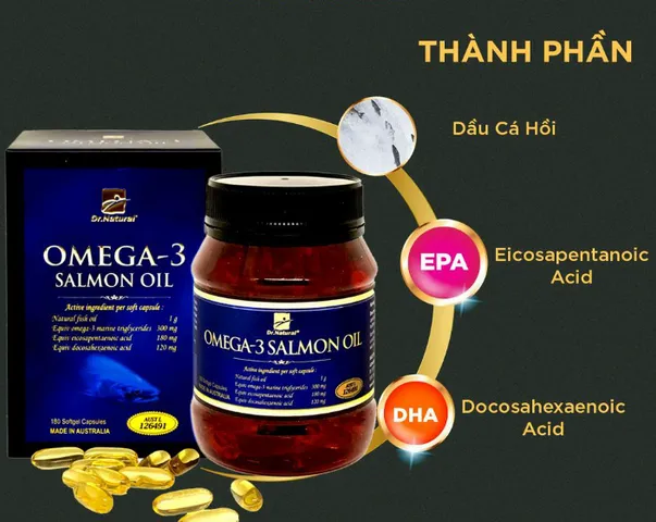 Viên dầu cá hồi Omega 3 Salmon Oil Dr Natural - Hỗ trợ sức khỏe tim mạch và thị lực, 180 viên, sản phẩm từ Úc
