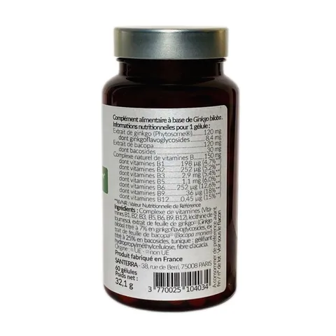 Viên uống bổ não Santerra Ginkgo Complexe - Tăng cường trí nhớ, tập trung với Ginkgo Biloba và Vitamin B - Hộp 60 viên từ Pháp