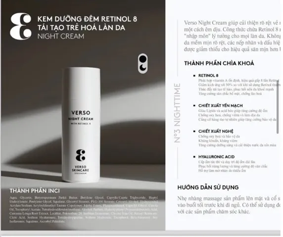 Kem Retinol Verso Night Cream 50ml - Hỗ trợ tái tạo, trẻ hóa da ban đêm, cấp ẩm và làm sáng da, giảm nếp nhăn hiệu quả.