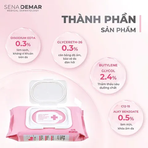 Khăn Tẩy Trang Sena Demar Make-Up - Khăn Ướt Tẩy Trang Sạch Sâu, Dưỡng Da 45 Miếng Chống Nước, Phù Hợp Mọi Loại Da