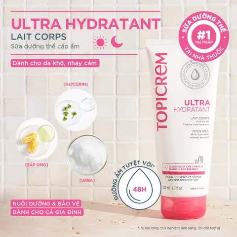 Sữa Dưỡng Thể Cấp Ẩm Topicrem Ultra Hydratant 200ml - Dưỡng Da Mịn Màng, Khỏe Mạnh, Hỗ Trợ Giữ Ẩm Suốt 48 Giờ