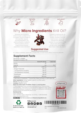 Viên uống Dầu Nhuyễn Thể Micro Ingredients Antarctic Krill Oil 2000mg - Tốt cho Tim Mạch và Làm Đẹp Da, Chứa Omega 3 Tự Nhiên