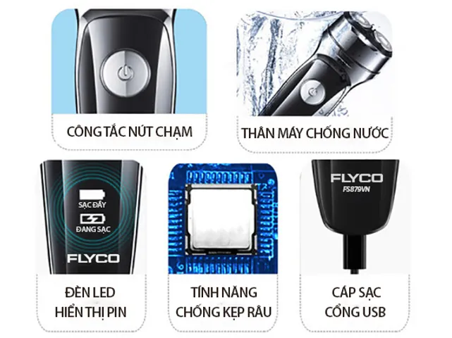 Máy cạo râu Flyco FS879VN 2 lưỡi kép sạc nhanh - Cạo sát an toàn, tiện lợi, sử dụng liên tục 60 phút, chống nước, tích hợp đèn LED