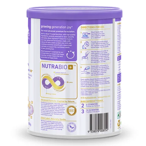 Sữa Bubs Supreme 1 cho Bé 0-6 Tháng - Công Thức A2 Beta-Casein Dễ Tiêu Hóa, Dinh Dưỡng Gần Gũi Như Sữa Mẹ, 800g