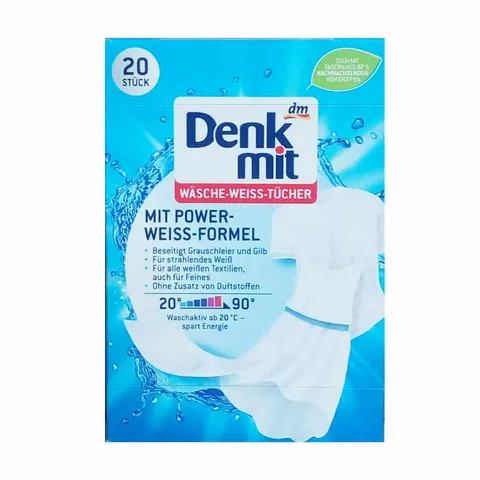 Miếng Tẩy Trắng Quần Áo Denkmit Wasche Weiss Tucher - Tẩy Sạch Vết Bẩn, Giúp Quần Áo Trắng Sáng, Hộp 20 Miếng Đức