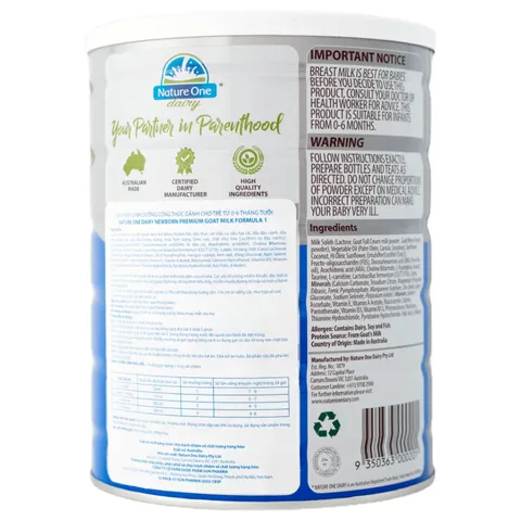 Sữa dê Nature One Dairy Goat 1 cho bé từ 0-6 tháng - Dinh dưỡng tự nhiên, hỗ trợ tiêu hóa và tăng cường miễn dịch, 800g