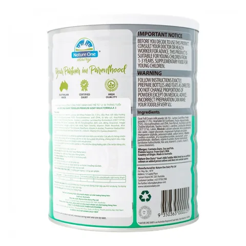 Sữa dê Nature One Dairy Goat 3 cho bé từ 1-3 tuổi - Dinh dưỡng cao cấp, hỗ trợ tiêu hóa và miễn dịch, hộp 800g.