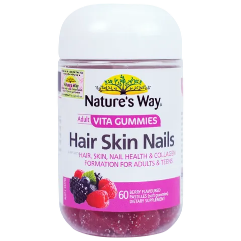 Kẹo Dẻo Hỗ Trợ Đẹp Da Tóc Móng Nature's Way Hair Skin Nails 60 Viên - Bổ Sung Vitamin C, E, Biotin và Kẽm Cho Làn Da Khỏe Mạnh