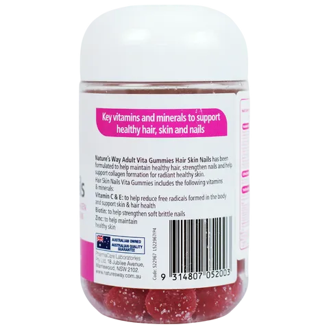 Kẹo Dẻo Hỗ Trợ Đẹp Da Tóc Móng Nature's Way Hair Skin Nails 60 Viên - Bổ Sung Vitamin C, E, Biotin và Kẽm Cho Làn Da Khỏe Mạnh