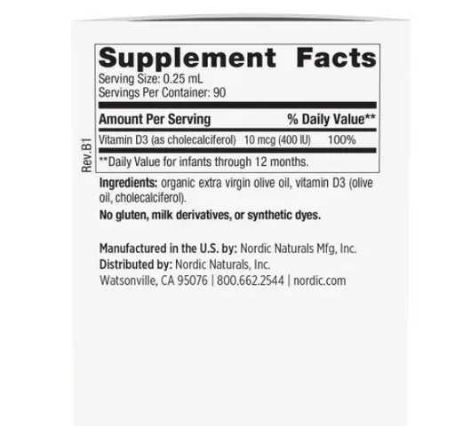 Siro Vitamin D3 Nordic Naturals Mỹ cho trẻ sơ sinh - Hỗ trợ phát triển xương và hệ miễn dịch, dạng lỏng, không mùi vị, 22.5ml