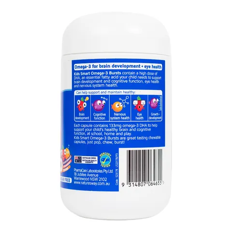 Viên nhai Nature's Way Kids Smart Bursts DHA Omega-3 cho trẻ từ 1 tuổi - Hỗ trợ phát triển não bộ và thị giác, hương vị trái cây - 60 viên
