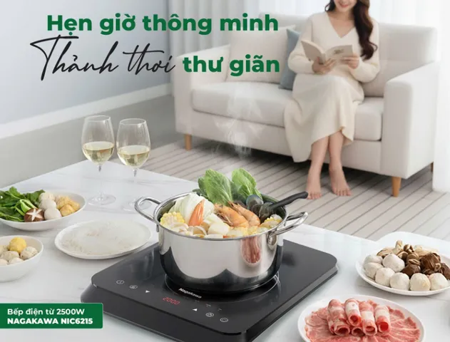 Bếp Điện Từ Nagakawa NIC6215 2500W - Nấu Nhanh Với 8 Chương Trình, Chế Độ Hẹn Giờ Thông Minh, Tặng Nồi Lẩu Inox 30cm