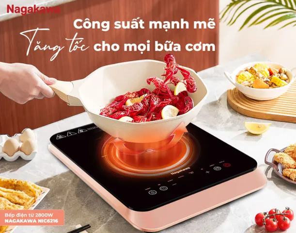Bếp điện từ Nagakawa NIC6216 2800W - Mặt kính Kanger cao cấp, bảo vệ an toàn, 7 chương trình nấu, tặng nồi lẩu inox 30cm