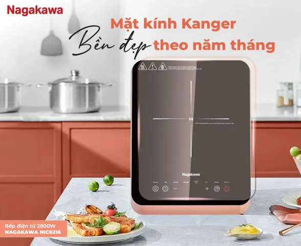 Bếp điện từ Nagakawa NIC6216 2800W - Mặt kính Kanger cao cấp, bảo vệ an toàn, 7 chương trình nấu, tặng nồi lẩu inox 30cm