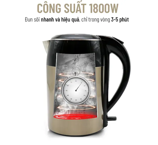 Ấm Đun Nước Siêu Tốc Nagakawa NAG0315 1.8 Lít - Công Suất 1800W, Thiết Kế Inox 304, Chống Cạn Nước, Đế Xoay 360 Độ, An Toàn Cho Gia Đình