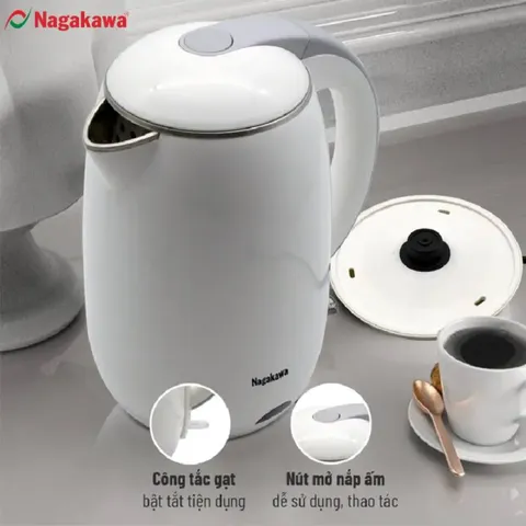 Ấm Siêu Tốc Nagakawa NAG0314 - Dung Tích 1.8L, Thiết Kế Inox 304, Công Suất 1800W, Đun Nước Nhanh, An Toàn và Tiện Ích