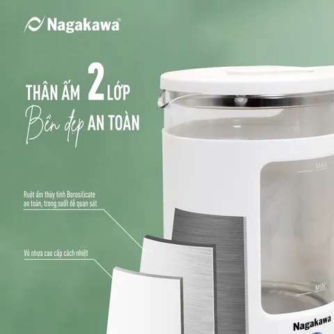 Ấm Siêu Tốc Nagakawa NAG0318 - Dung Tích 1.7L, Công Suất 1355W, Thiết Kế Sang Trọng, Tích Hợp Đèn LED và Cảm Biến Tự Ngắt