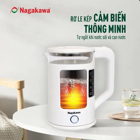 Ấm Siêu Tốc Nagakawa NAG0318 - Dung Tích 1.7L, Công Suất 1355W, Thiết Kế Sang Trọng, Tích Hợp Đèn LED và Cảm Biến Tự Ngắt