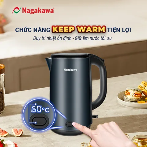 Ấm Siêu Tốc Nagakawa NAG0319 - 1800W, Inox Cao Cấp, Thiết Kế Tối Giản, Dung Tích 1.8L, Chức Năng Giữ Ấm, Tiết Kiệm Thời Gian