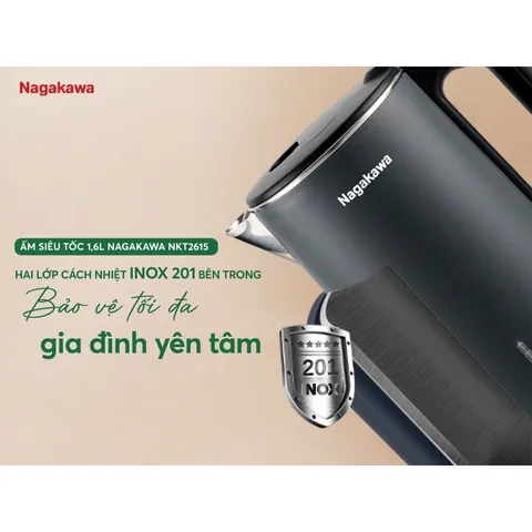Ấm Siêu Tốc Nagakawa NKT2615 - Dung Tích 1.6L, Công Suất 1500W, Giữ Nhiệt, Tự Ngắt, Tiện Dụng Cho Gia Đình 3-4 Người