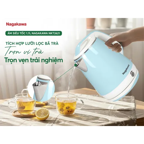 Ấm Siêu Tốc Nagakawa NKT2621 1.7L - Công Suất 1500W, Lưới Lọc Trà, Thiết Kế Thanh Lịch, Đun Nước Nóng Nhanh Chóng Cho Gia Đình