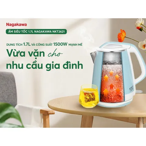 Ấm Siêu Tốc Nagakawa NKT2621 1.7L - Công Suất 1500W, Lưới Lọc Trà, Thiết Kế Thanh Lịch, Đun Nước Nóng Nhanh Chóng Cho Gia Đình