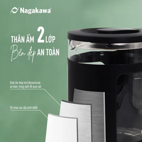 Ấm Siêu Tốc Thủy Tinh Nagakawa NAG0317 - Dung Tích 1.7L, Thiết Kế Hiện Đại, Chức Năng Giữ Ấm, Đun Nước Nhanh Chóng cho Gia Đình 3-4 Người