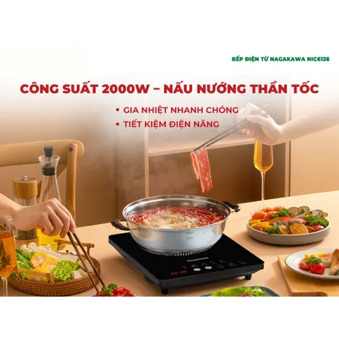 Bếp Điện Từ Đơn Nagakawa NIC6126 - Công Suất 2000W, Kèm Nồi Inox 28cm, Thiết Kế Tiết Kiệm Diện Tích, 5 Chế Độ Nấu Tiện Lợi
