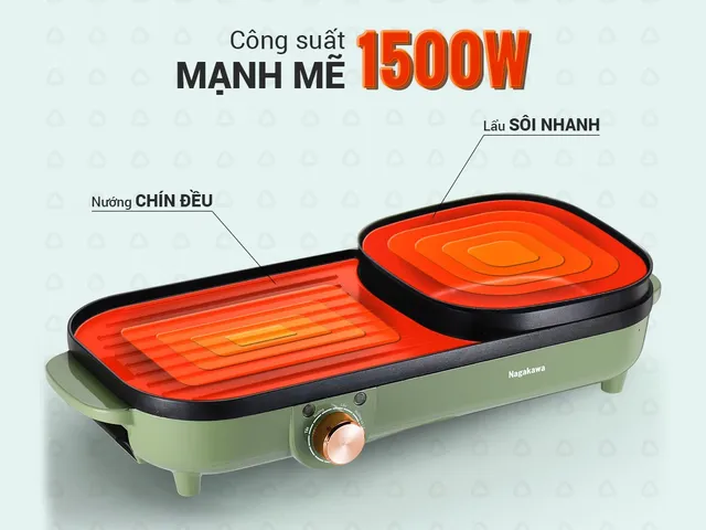 Bếp lẩu nướng điện Nagakawa NAG3104 1500W - Bếp nướng đa năng chống dính, thiết kế gọn nhẹ, phù hợp tiệc BBQ gia đình