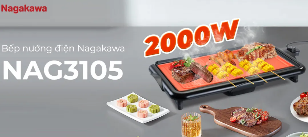 Bếp Nướng Điện Nagakawa NAG3105 2000W - Chống Dính Teflon, 5 Mức Nhiệt Độ, Tự Ngắt Quá Nhiệt - Thiết Kế Gọn Nhẹ, Tiện Lợi