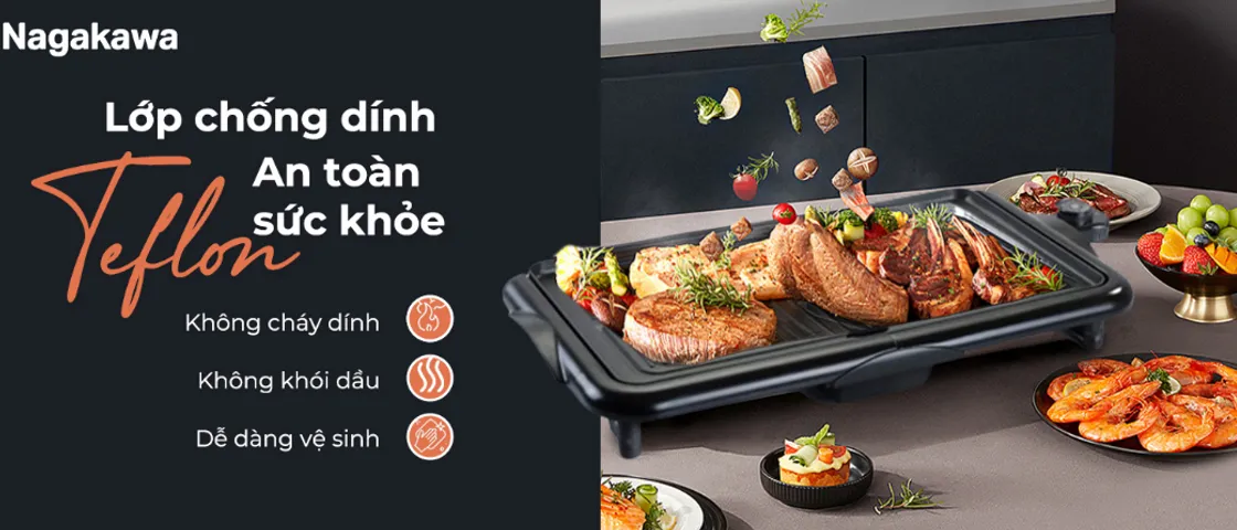 Bếp Nướng Điện Nagakawa NAG3105 2000W - Chống Dính Teflon, 5 Mức Nhiệt Độ, Tự Ngắt Quá Nhiệt - Thiết Kế Gọn Nhẹ, Tiện Lợi