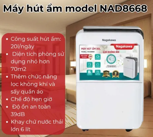 Máy hút ẩm không khí Nagakawa NAD8669 - Thiết kế tối giản, công suất 50L/ngày, chức năng sấy quần áo, tiện ích hiện đại cho không gian sống.