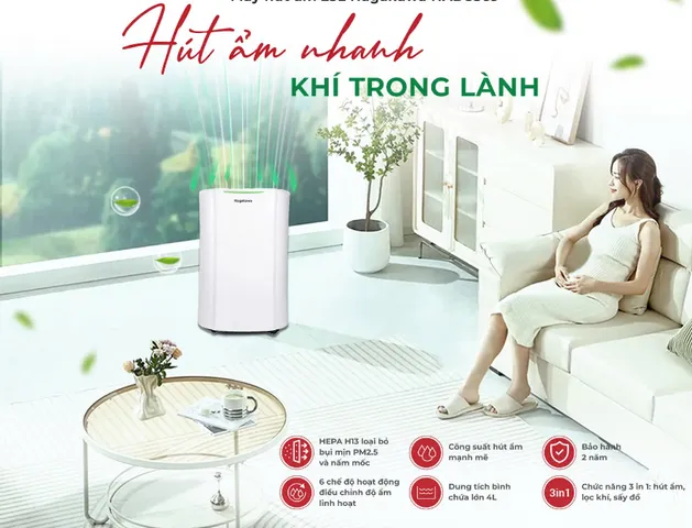 Máy Hút Ẩm Lọc Không Khí Nagakawa NAD8569 25L - Công Suất 25L/ngày, Tích Hợp Lọc HEPA H13, Phù Hợp 40-50m², Chức Năng Sấy Quần Áo