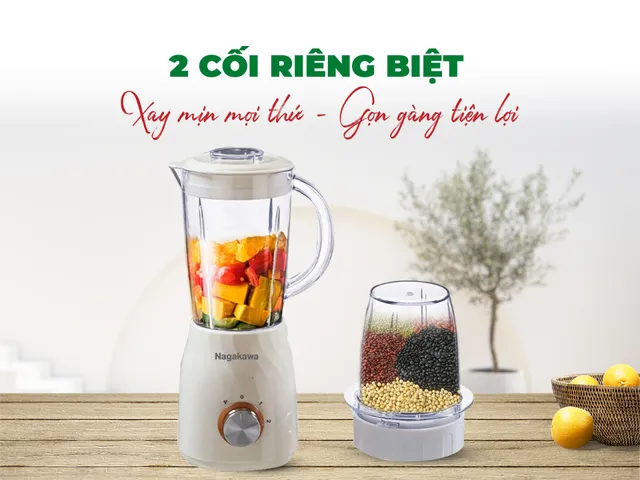 Máy xay sinh tố Nagakawa NEB3232 - Công suất 330W, 2 cối, lưỡi dao inox 304 cho sinh tố, cháo, gia vị - Thiết kế nhỏ gọn, tiện dụng